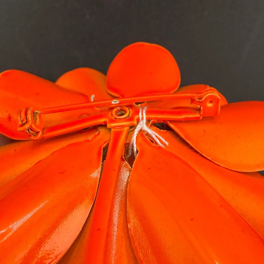 Vintage Enamel Flower Brooch Mod Pop Orange Layered Petal Retro